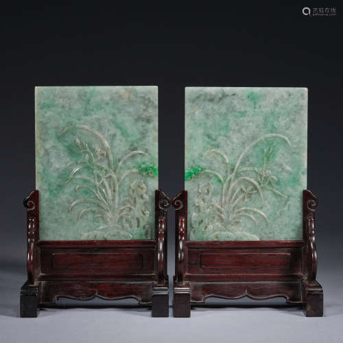 A pair of jadeite 'butterflies and orchid' table screens,Qin...