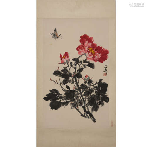 Wang Xuetao (1903-1992) Peonies and Butterflies,ink and colo...