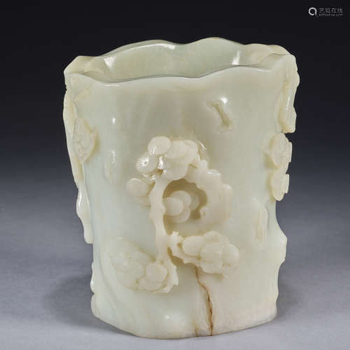 A carved white jade 'cranes with pine trees ' brush pot ,Qin...
