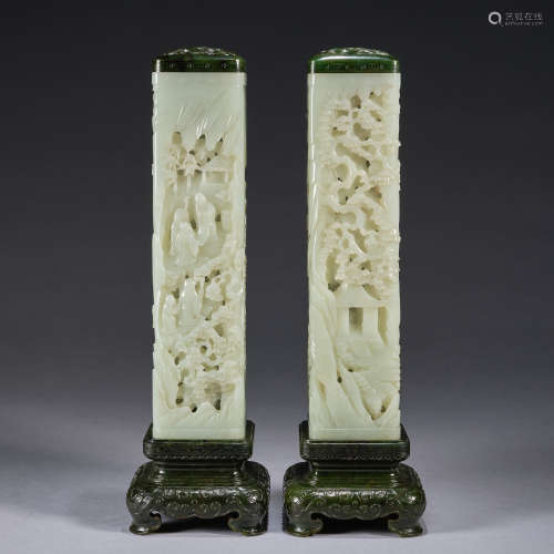 A pair of superb and rare white jade incense burnner inlaid ...
