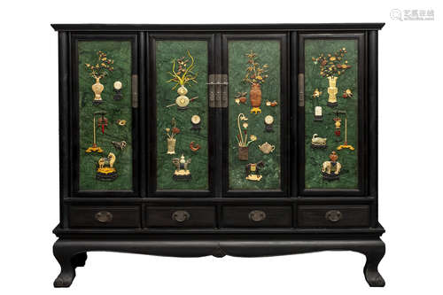 A hardstone-inlaid zitan wood cabinet,Qing dynasty