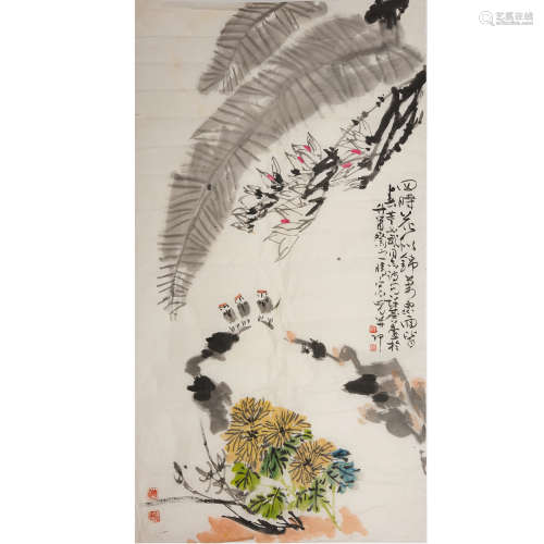 Xu Linlu (1916-2011),Chrysanthemums,ink and colour on paper,...