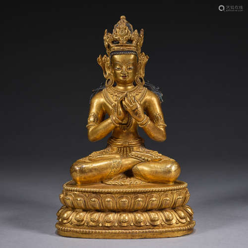 A gilt-copper figure of seated Buddha,Qing dynasty,height 20...