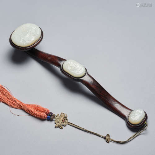 A white jade-inlaid wood ruyi scepter, Qing dynasty