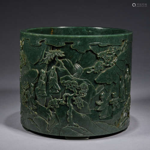 A finely carved spinach-green jade ‘landscape and figural’ b...