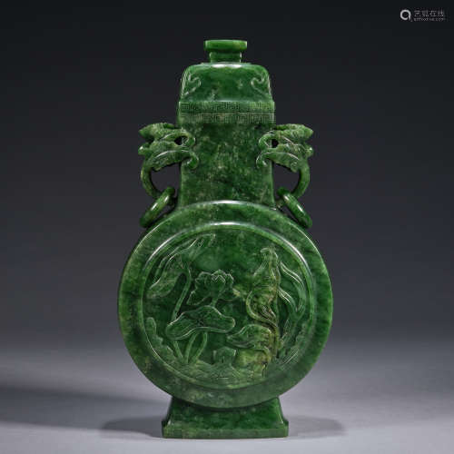 A handled khotan-green jade archaistic vase and cover ,Qing ...