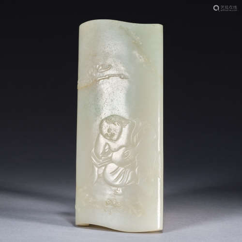 A jade 'arhat' wristrest, Qing dynasty,height 16cm