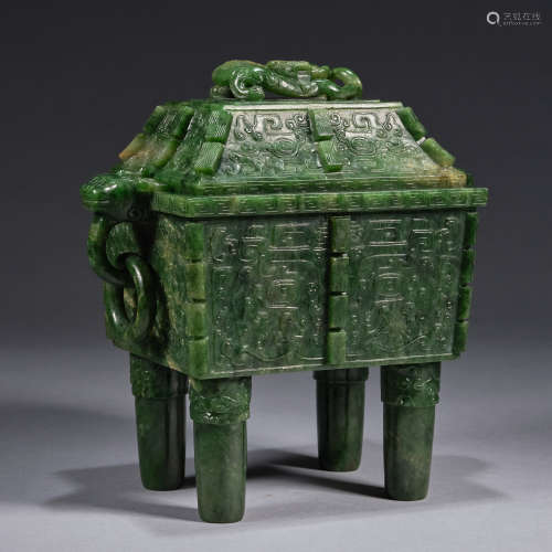A rare khotan-green jade archaistic vessel and cover (Fang d...