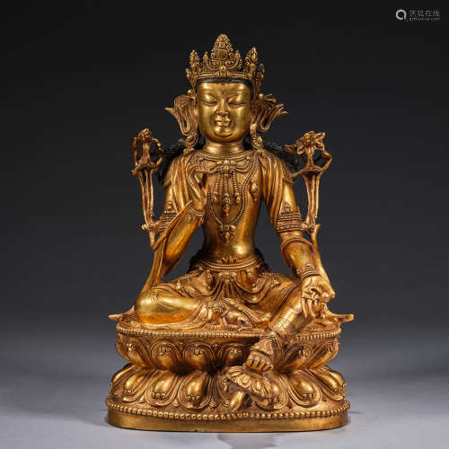A gilt-copper figure of seated Buddha,Qing dynasty,height 26...