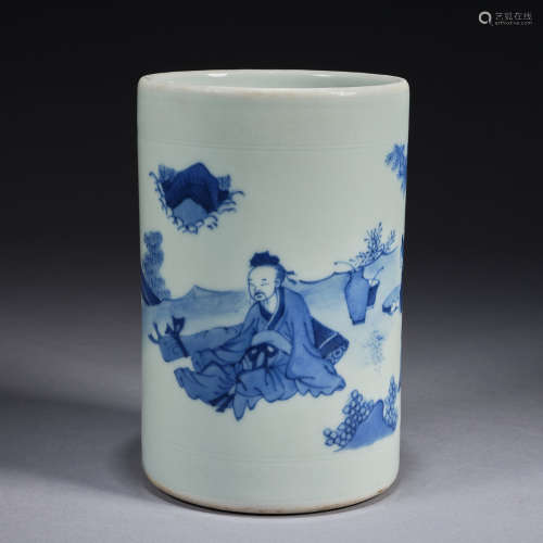 A blue and white 'figure' brush pot,Qing dynasty