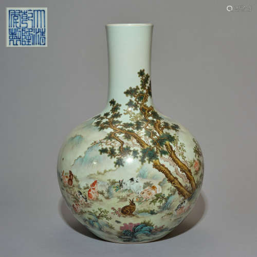 A large famille-rose 'hundred rabbits' vase (Tianqiuping), Q...