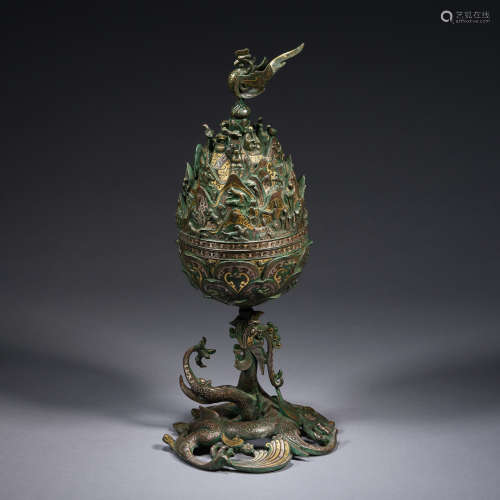 An imperial silver and gold-inlaid bronze phoenix incense bu...