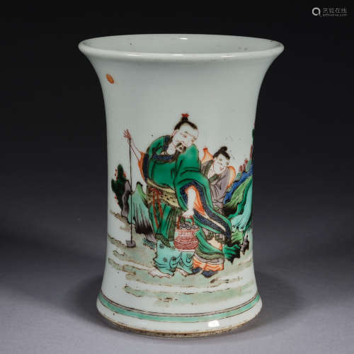 A wucai 'figure' brush pot,Qing dynasty,height 16cm