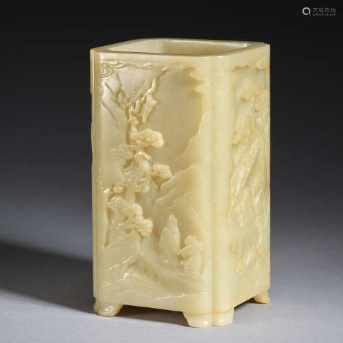 A jade 'scholars in pine forest' brush pot ,Qing dynasty