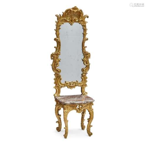 A VENETIAN ROCOCO GILTWOOD MIRROR WITH INTEGRATED MARBLE TOP...