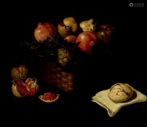 Spanish School, 18th Century Pomegranates and grapes in a wi...