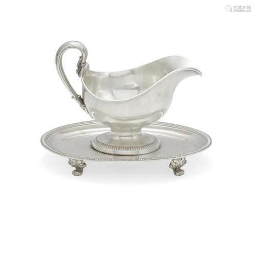 A FRENCH SILVER-PLATED GRAVY BOAT ON INTEGRATED FOOTED STAND...