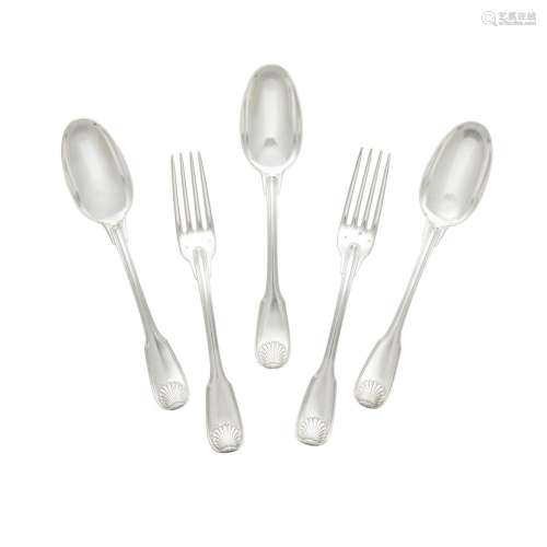 A SET OF FRENCH STERLING SILVER FORKS AND SPOONS FOR EIGHTEE...