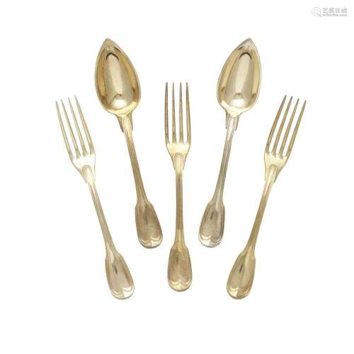 A SET OF FRENCH STERLING SILVER-GILT FRUIT FORKS AND SPOONS ...