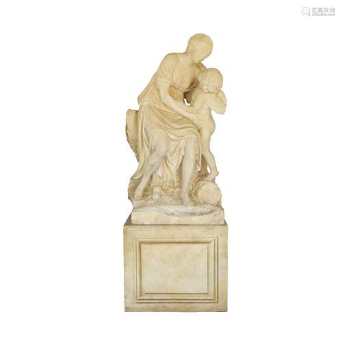 A FRENCH CARVED STONE FIGURAL GROUP: L'AMOUR EMBRASSANT ...