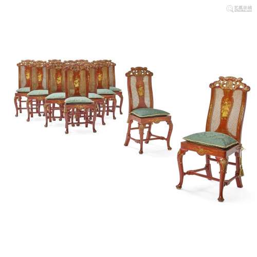 A SET OF TWELVE GEORGE II RED AND GILT-JAPANNED DINING CHAIR...