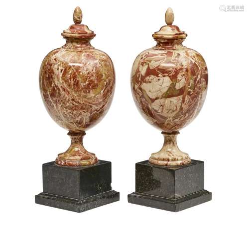 A PAIR OF ITALIAN PORTASANTA MARBLE COVERED URNS19th century