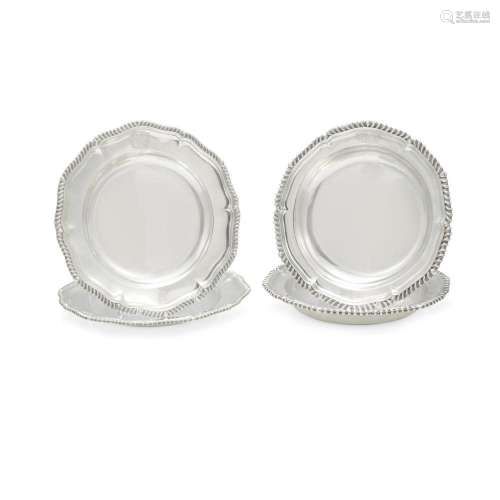 TWO GEORGE IV SILVER GADROON EDGE BOWLS AND TWO REGENCY PLAT...