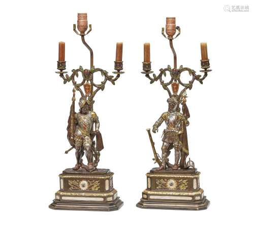 A PAIR OF COLD PAINTED AND PATINATED BRONZE FIGURAL KNIGHT L...