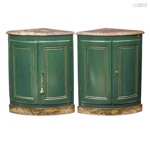 A PAIR OF PROVINCIAL MARBLE TOP GREEN PAINTED CORNER CABINET...