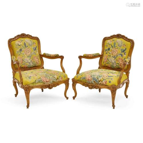 A PAIR OF LOUIS XV NEEDLEPOINT UPHOLSTERED BEECHWOOD FAUTEUI...
