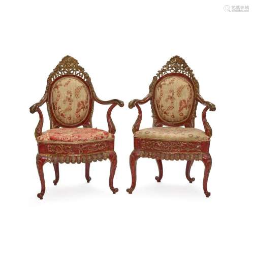 A PAIR OF VENETIAN ROCOCO RED PAINTED AND GILTWOOD FAUTEUILS...
