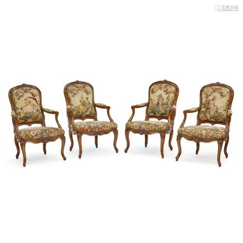 A SET OF FOUR LOUIS XV NEEDLEPOINT UPHOLSTERED FAUTEUILS18th...