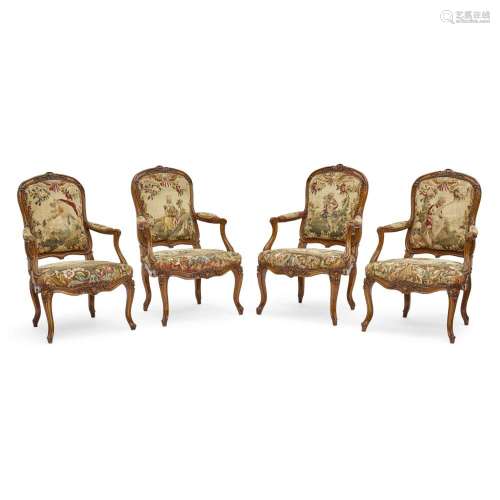 A SET OF FOUR LOUIS XV NEEDLEPOINT UPHOLSTERED FAUTEUILS18th...