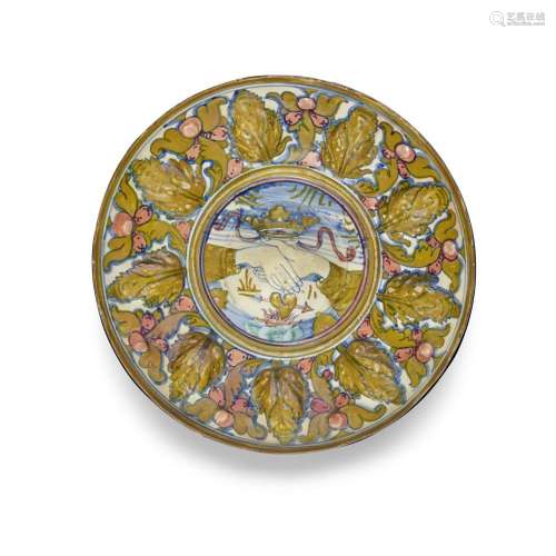 A GUBBIO MAIOLICA GOLD AND RUBY-LUSTERED MARRIAGE DISHCirca ...