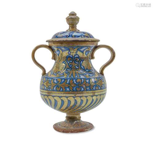 A DERUTA MAIOLICA GOLD-LUSTERED TWO-HANDLED VASE AND ASSOCIA...