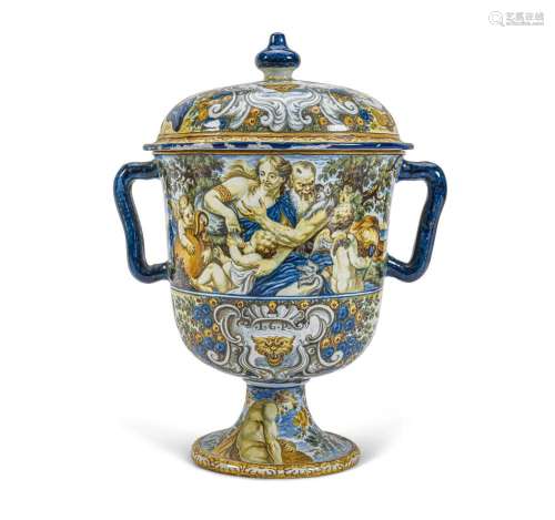 A DOCUMENTARY CASTELLI MAIOLICA TWO-HANDLED VASE AND COVERGr...