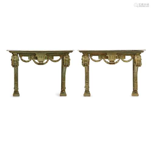 A PAIR OF LOUIS XVI MARBLE TOP PAINTED WALL MOUNTED CONSOLES