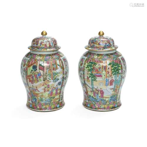 A PAIR OF CHINESE FAMILLE ROSE PORCELAIN COVERED JARS19th ce...