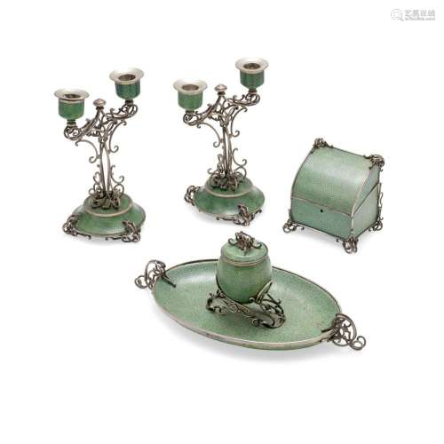 A VICTORIAN SHAGREEN AND SILVER FOUR-PIECE DESK SET by Willi...
