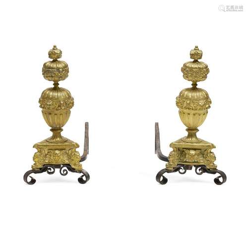 A PAIR OF BAROQUE STYLE BRASS ANDIRONS