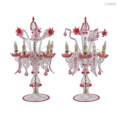 A PAIR OF MURANO GLASS FIVE-LIGHT CANDELABRA