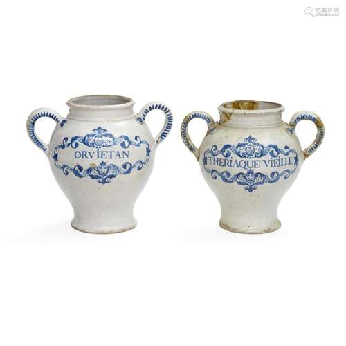 A PAIR OF FRENCH BLUE AND WHITE FAIENCE APOTHECARY JARS19th ...