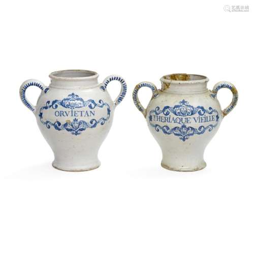 A PAIR OF FRENCH BLUE AND WHITE FAIENCE APOTHECARY JARS19th ...