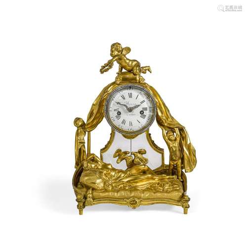 A FRENCH JEWELED GILT BRONZE FIGURAL CLOCK REPRESENTING DREA...