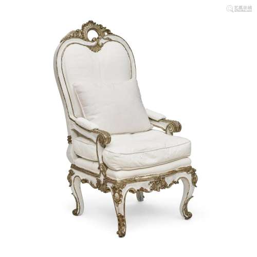 AN ITALIAN ROCOCO PAINTED AND GILTWOOD ARMCHAIREarly 18th ce...
