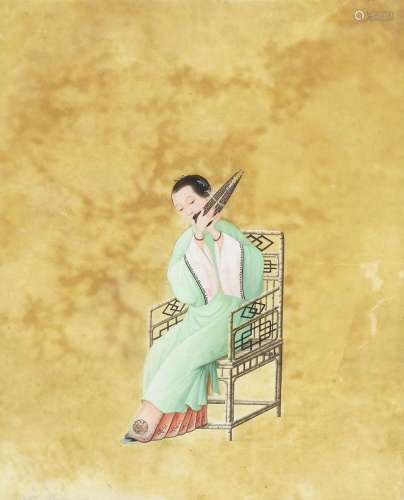A GROUP OF FOUR CANTONESE GOUACHES DEPICTING FEMALE MUSICIAN...