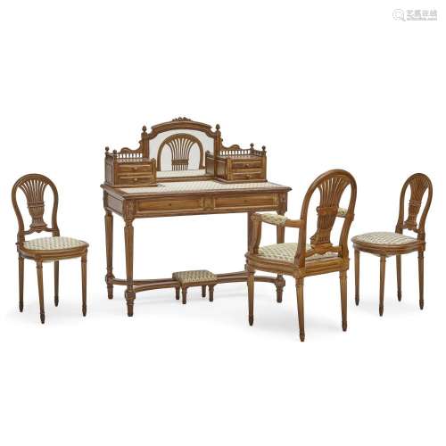 A LOUIS XVI STYLE LADY'S DESK AND THREE CHAIRS20th centu...
