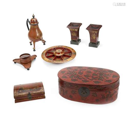 A GROUP OF SEVEN RED LACQUER AND RED TÔLE OBJECTS19th and 20...