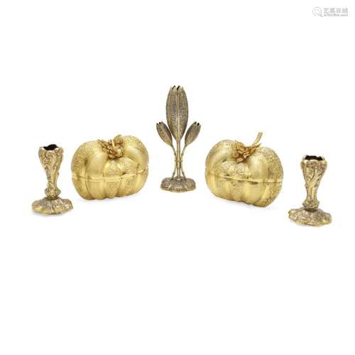 A GROUP OF FIVE ASIAN AND ENGLISH SILVER-GILT TABLE DECORATI...