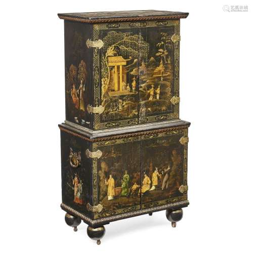 AN ENGLISH GILT DECORATED AND LACQUERED CHEST ON CHEST18th c...